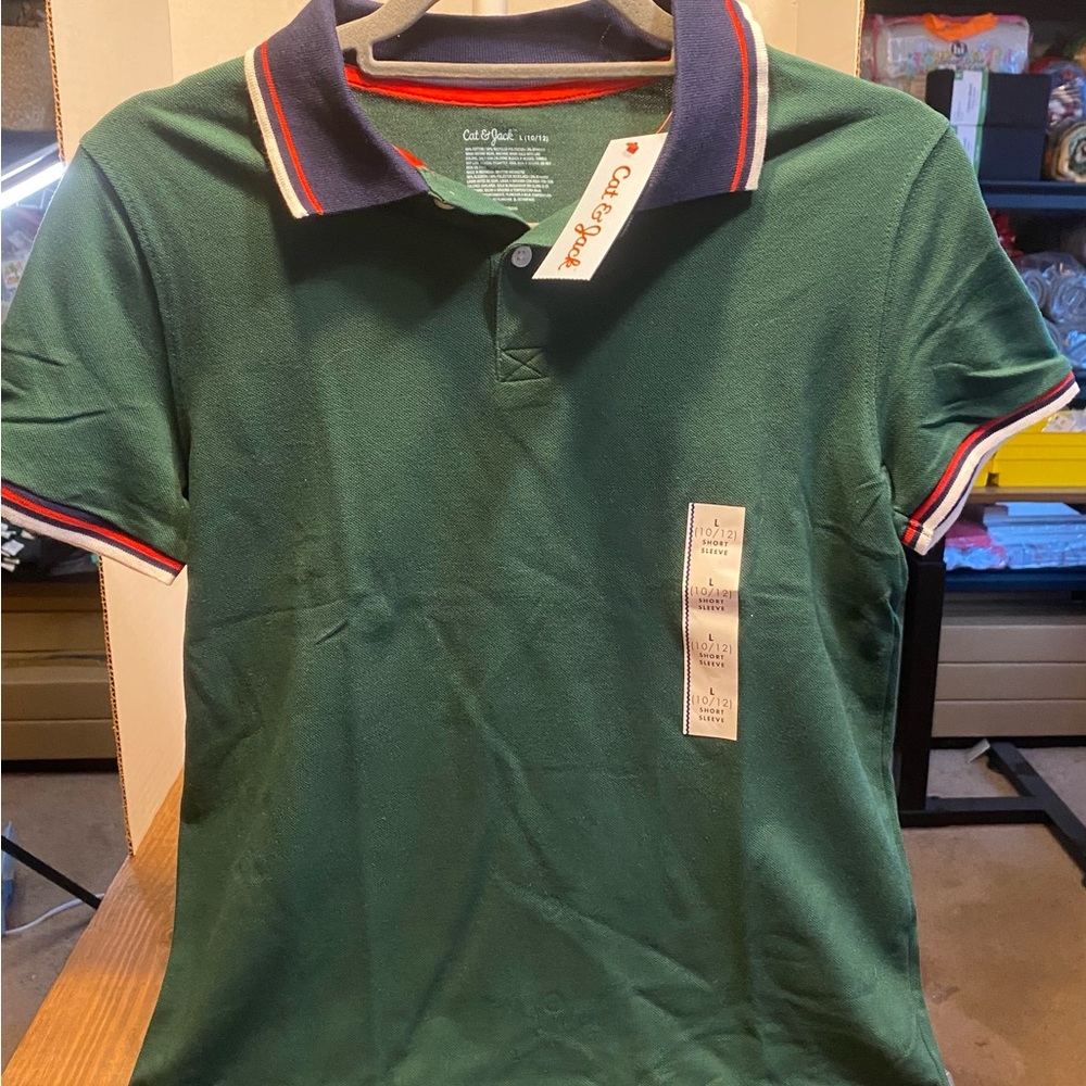 Cat & Jack Green Polo with Navy Contrast Collar and Red Trim boys size 10/12